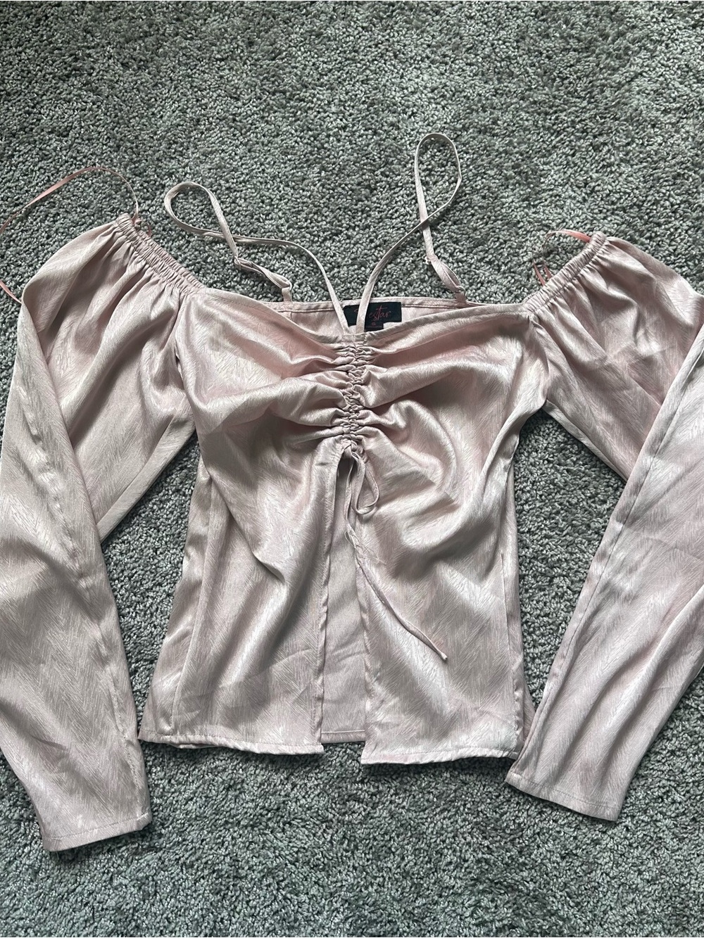 Ruched Front Blush Fairy Y2K Satin Off-Shoulder Blouse with Long Sleeves